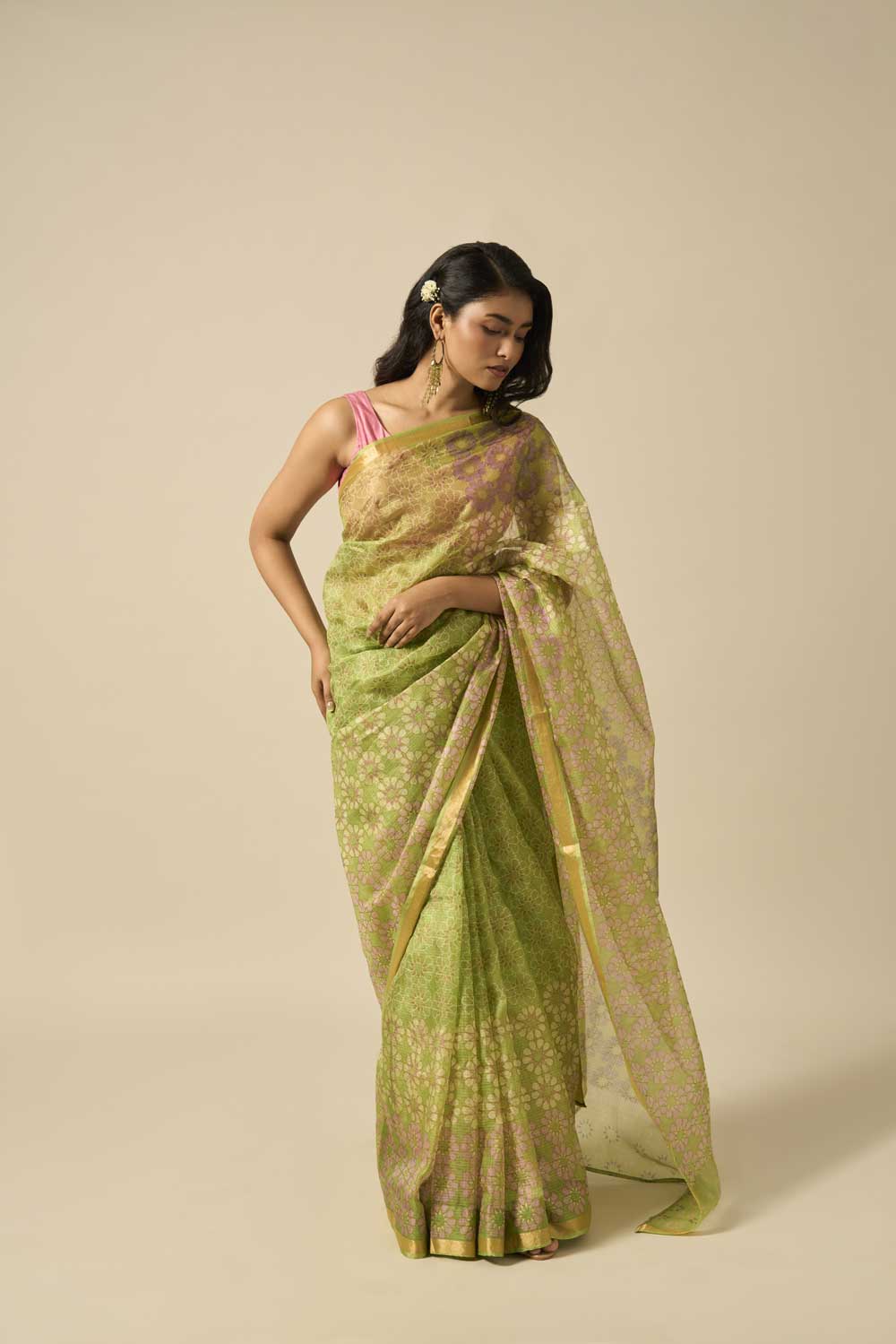 Juhi green kota silk hand block printed saree