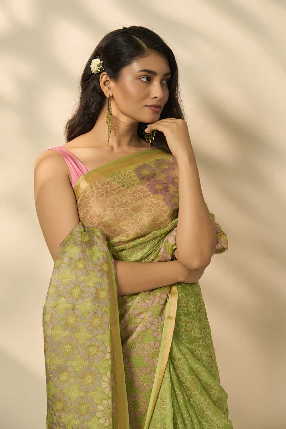 Juhi green kota silk hand block printed saree