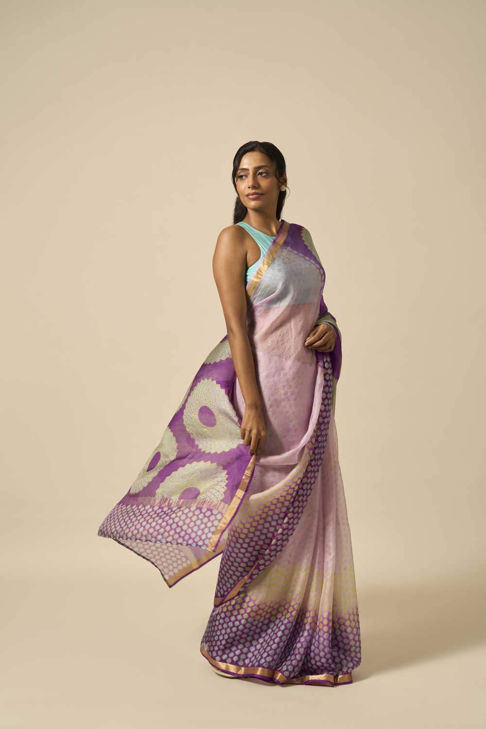 Sooraj Purple kota silk hand block printed saree