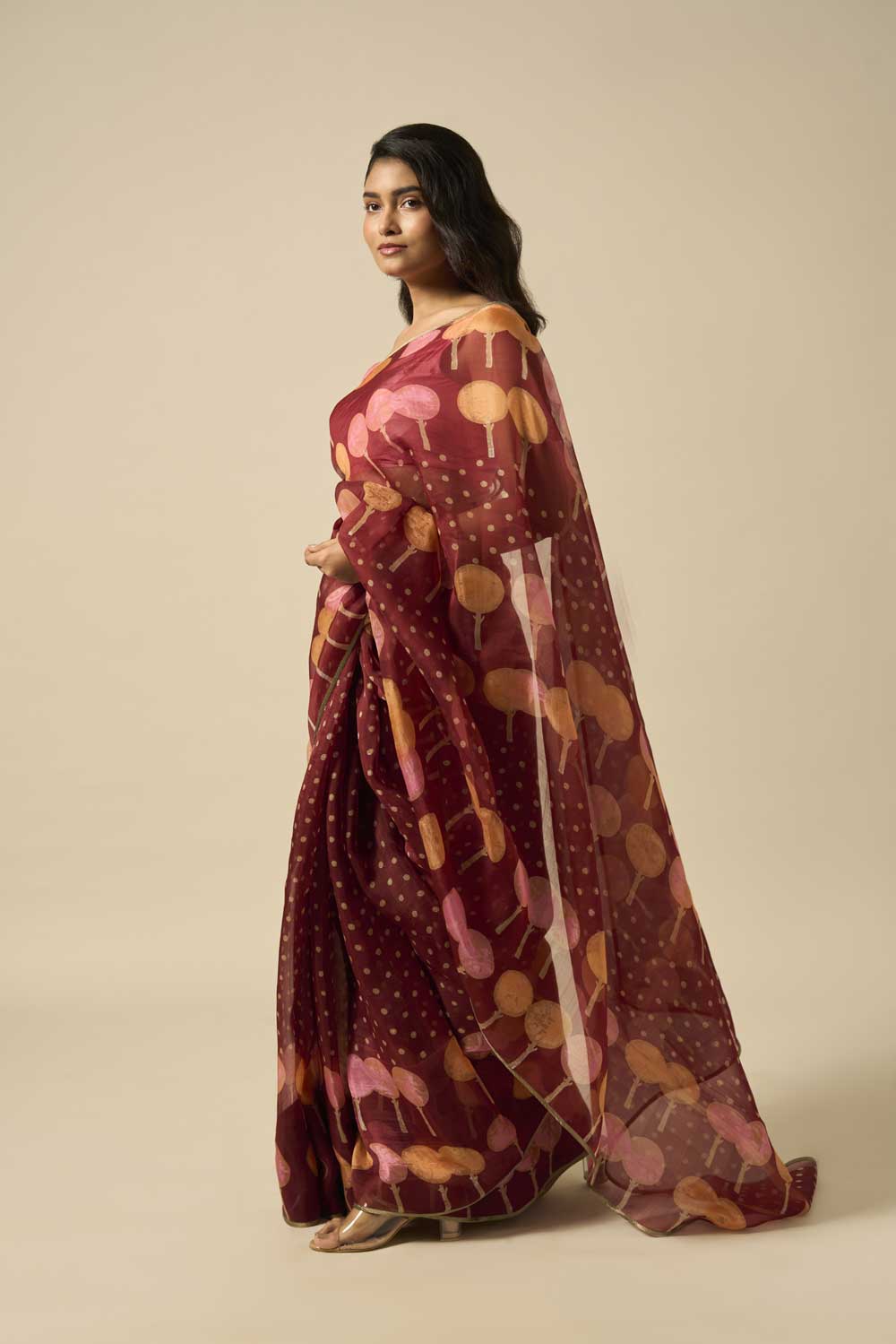 RESHAM BROWN KATAAN SILK HAND BLOCKPRINTED SAREE