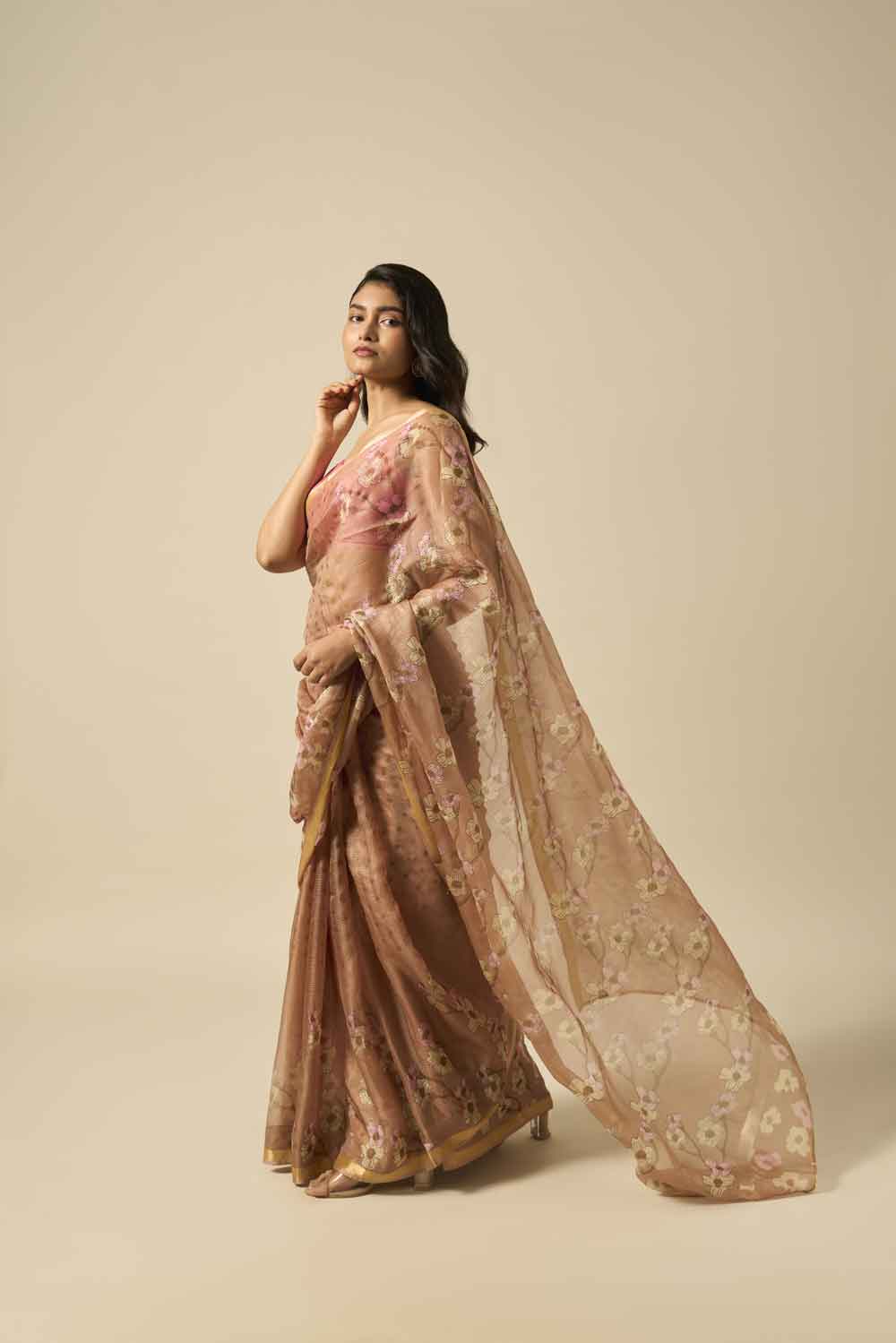 Bela Beige Kota Silk Hand Block Printed Saree