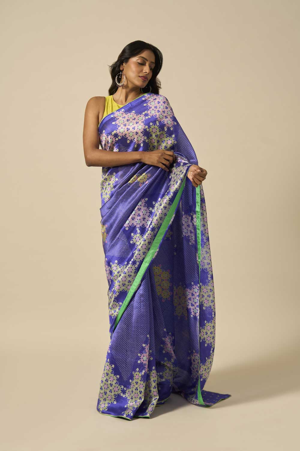 NEEL BLUE MUSHROO SILK GREEN ROSE MUSHROO SILK HAND BLOCKPRINTED SAREE