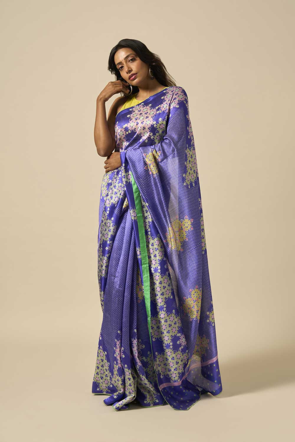 NEEL BLUE MUSHROO SILK GREEN ROSE MUSHROO SILK HAND BLOCKPRINTED SAREE