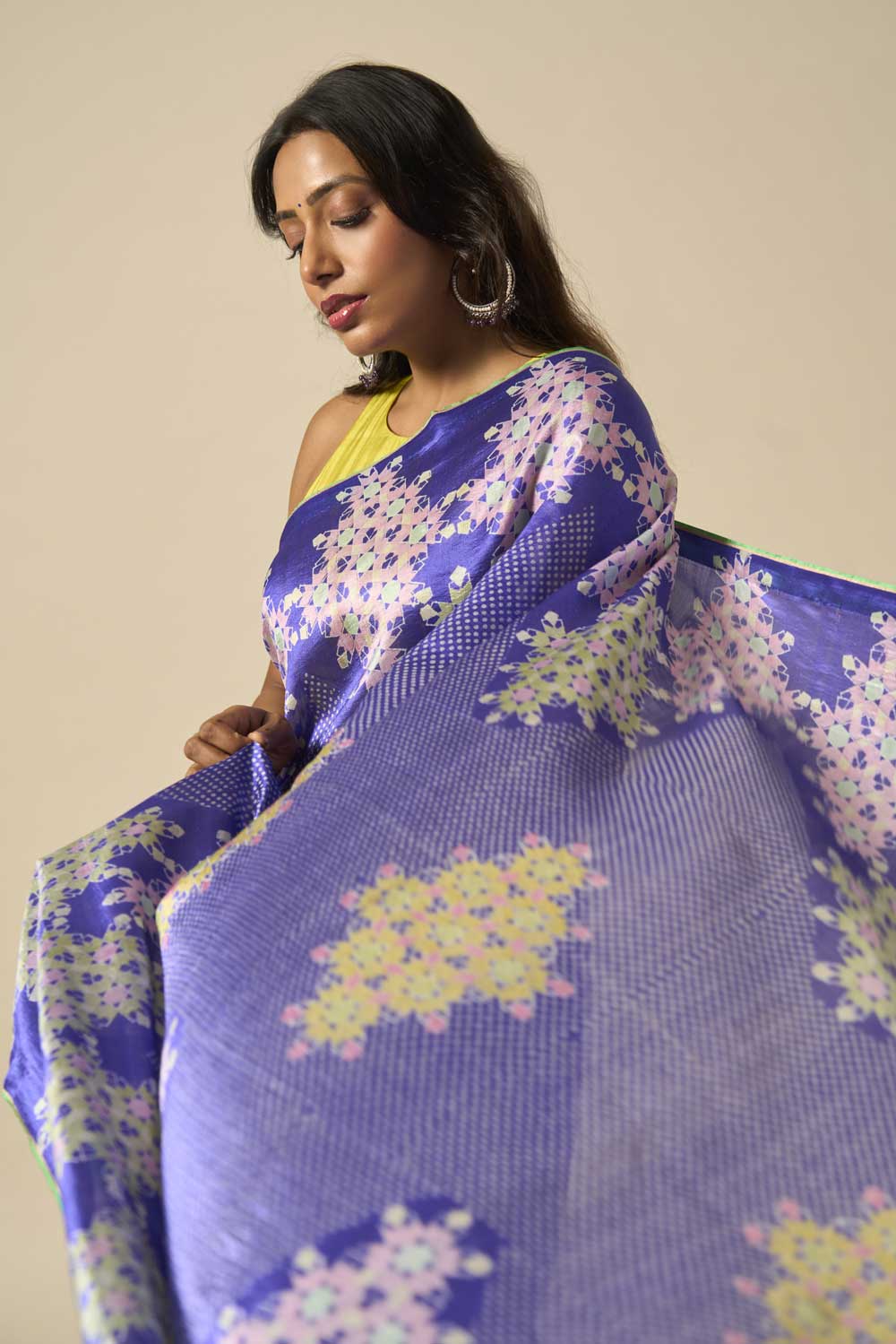 NEEL BLUE MUSHROO SILK GREEN ROSE MUSHROO SILK HAND BLOCKPRINTED SAREE