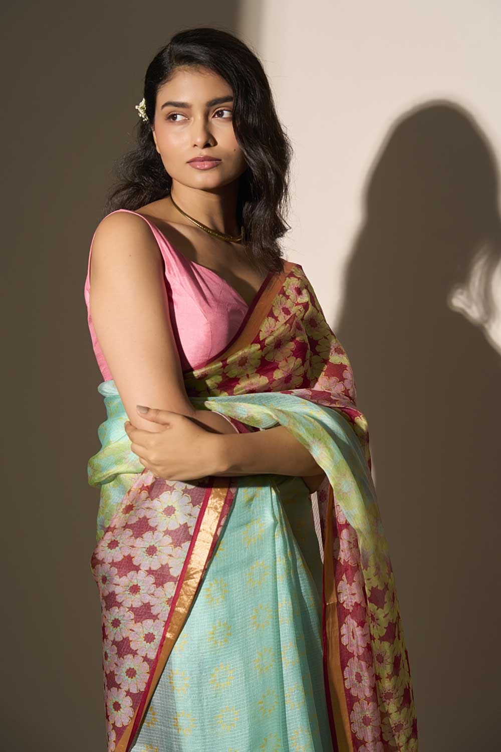 tilak Maroon kota silk hand block printed saree