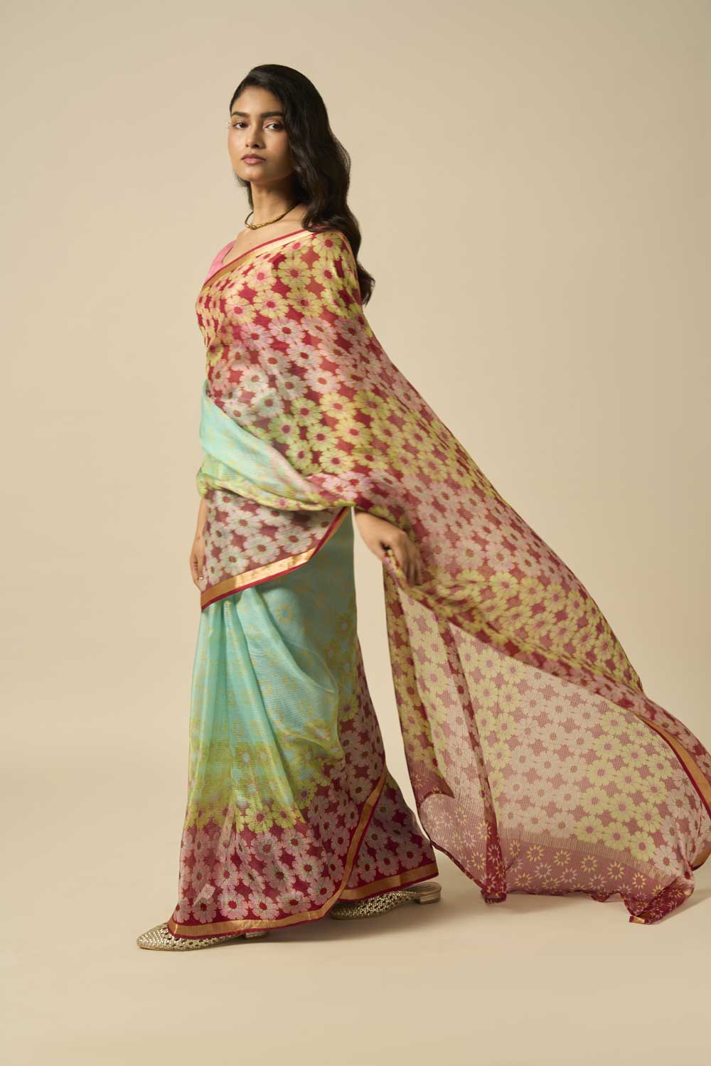 tilak Maroon kota silk hand block printed saree