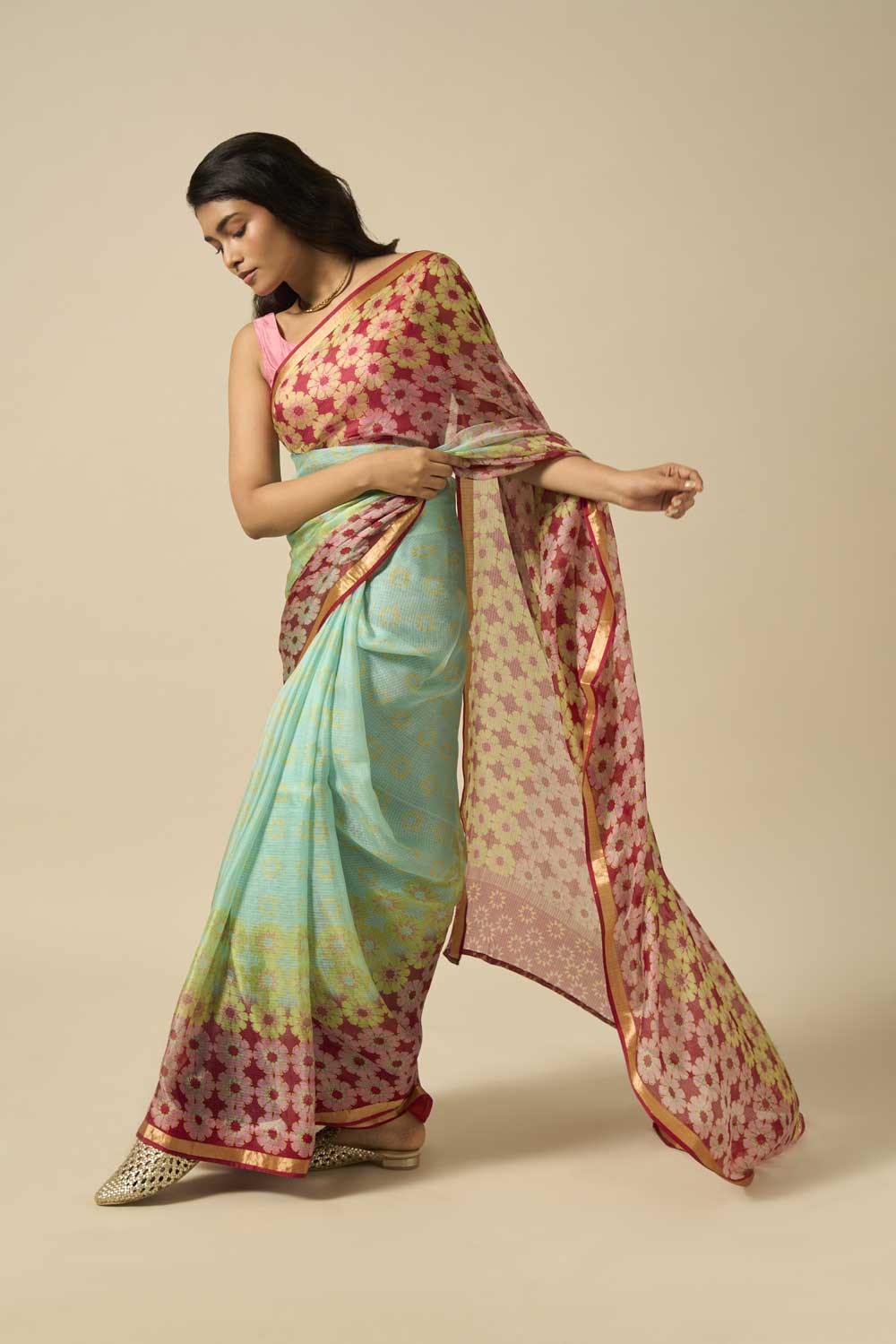 tilak Maroon kota silk hand block printed saree