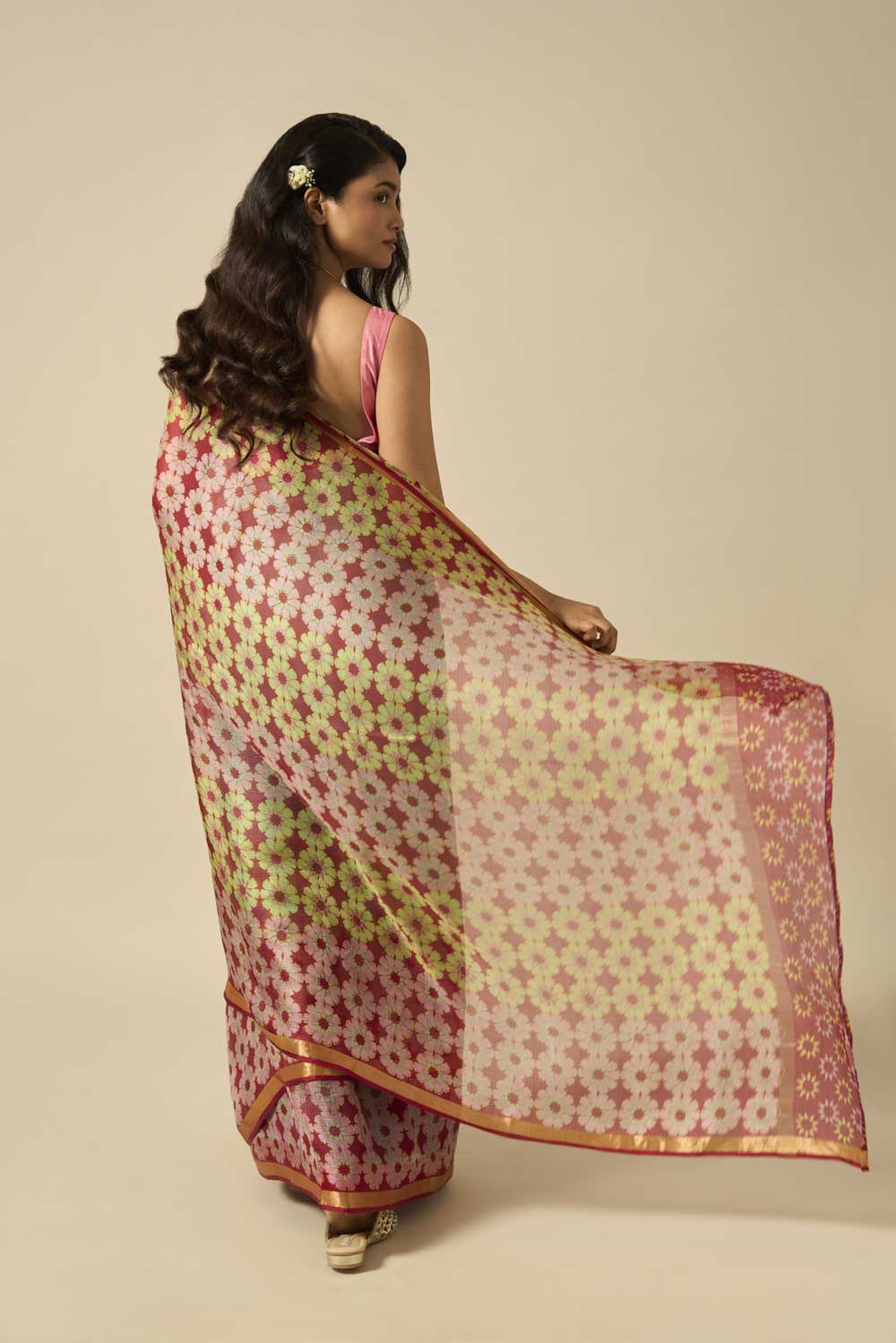 tilak Maroon kota silk hand block printed saree