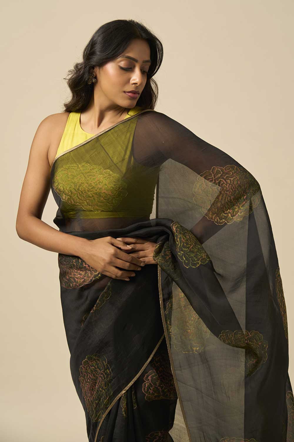 NOOR BLACK KATAAN SILK HAND BLOCKPRINTED SAREE