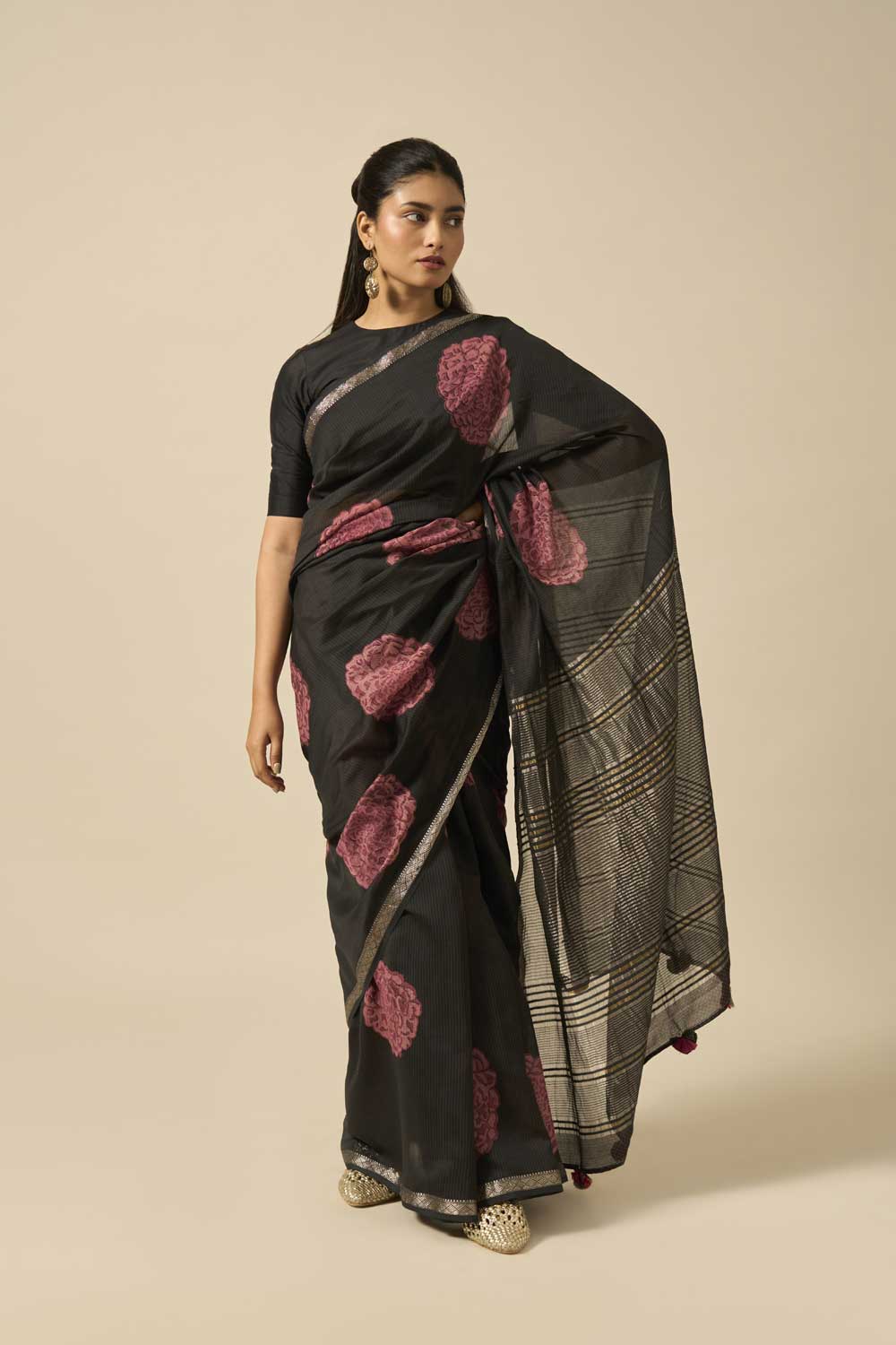 Shipra BLACK Maheshwari Silk Hand Block Printed Saree
