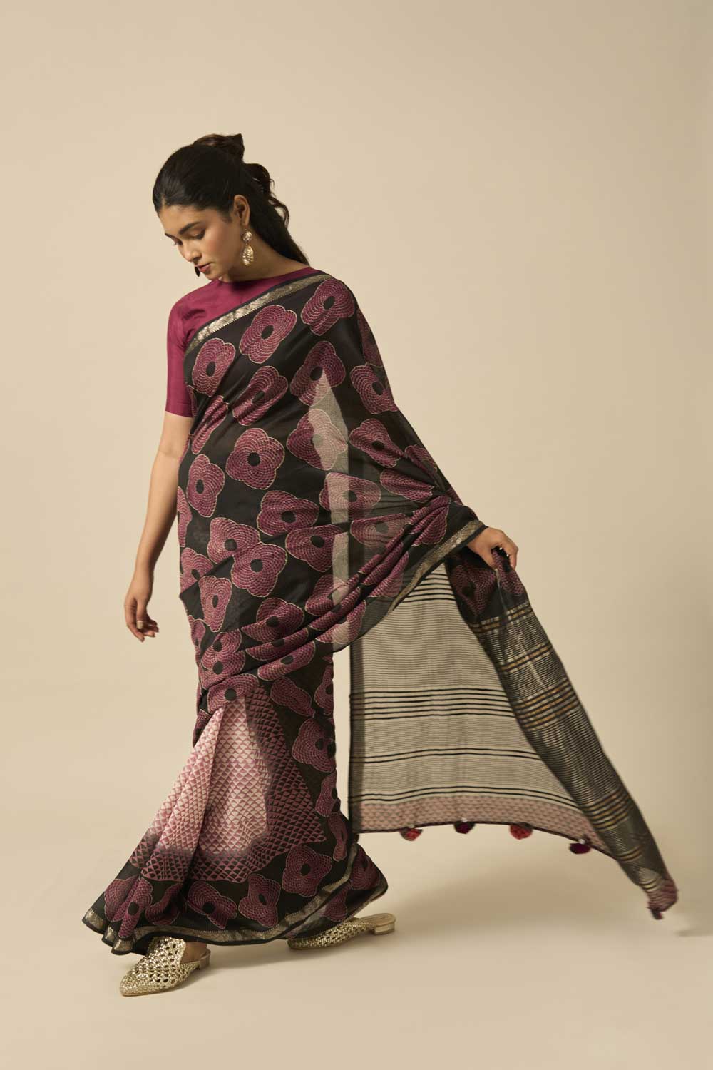 Tapti Black Maheshwari Silk Hand Block Printed Saree
