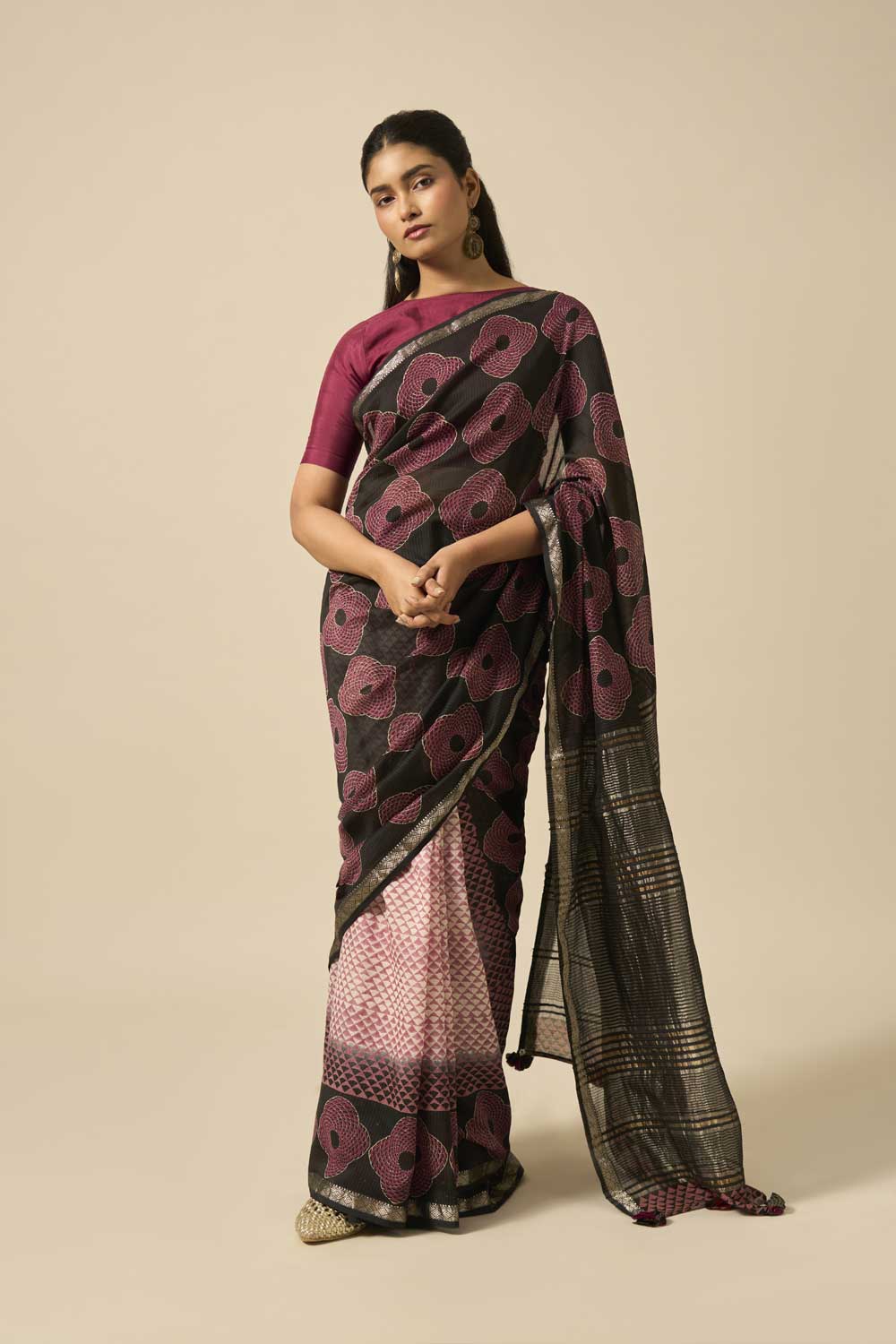 Tapti Black Maheshwari Silk Hand Block Printed Saree