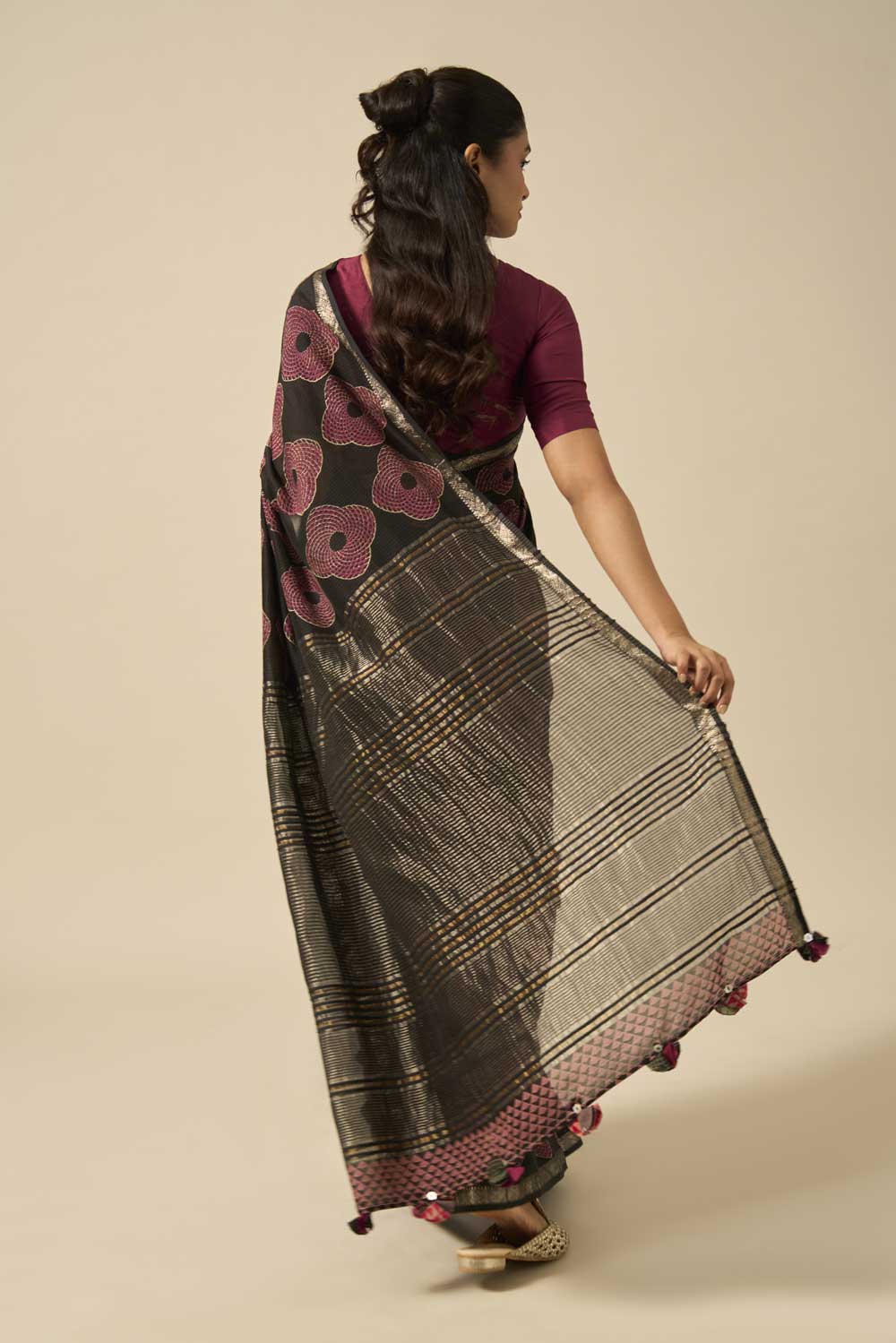 Tapti Black Maheshwari Silk Hand Block Printed Saree