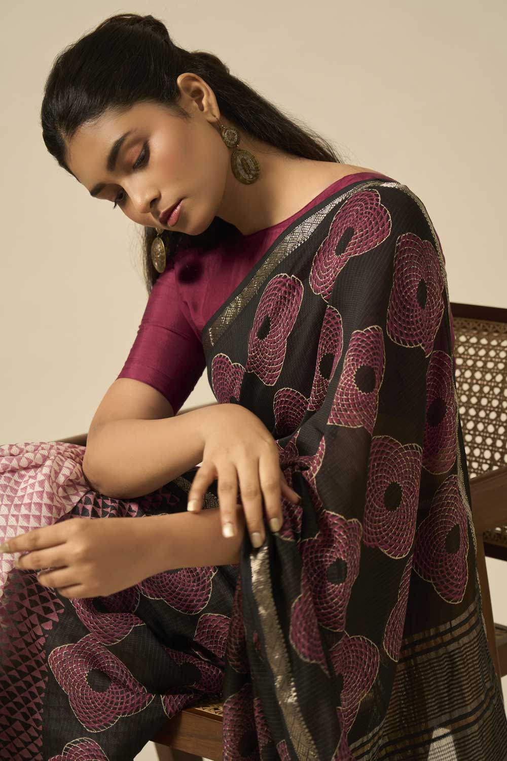 Tapti Black Maheshwari Silk Hand Block Printed Saree