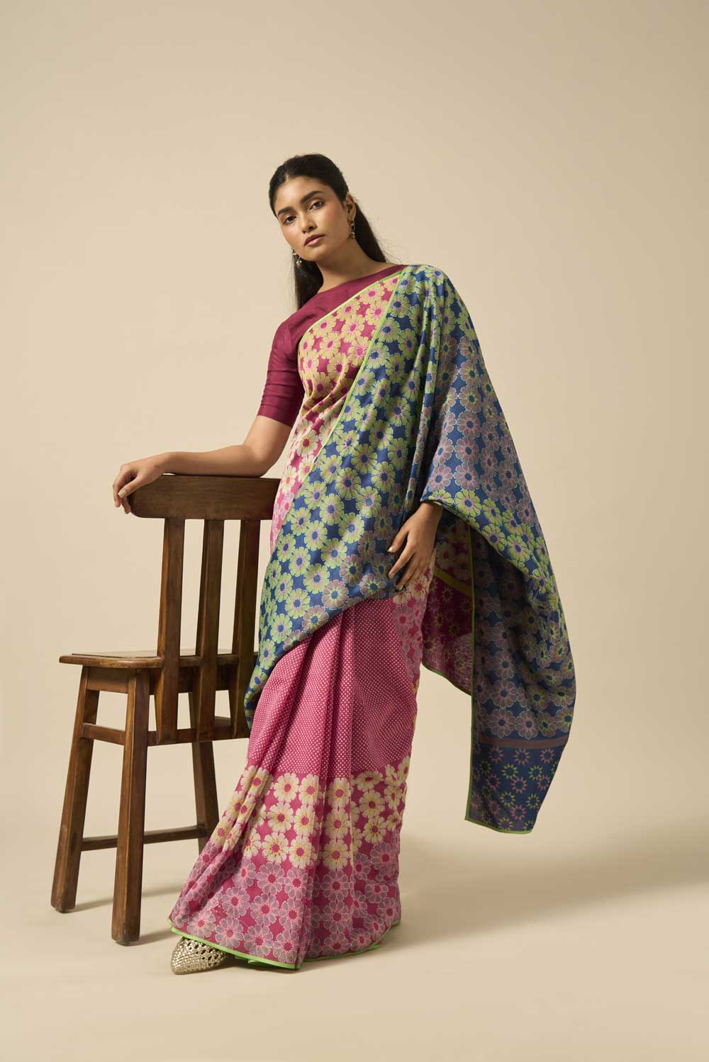 Yamuna Wine Blue Maheshwari Hand Blockprinted Flip Pallu saree