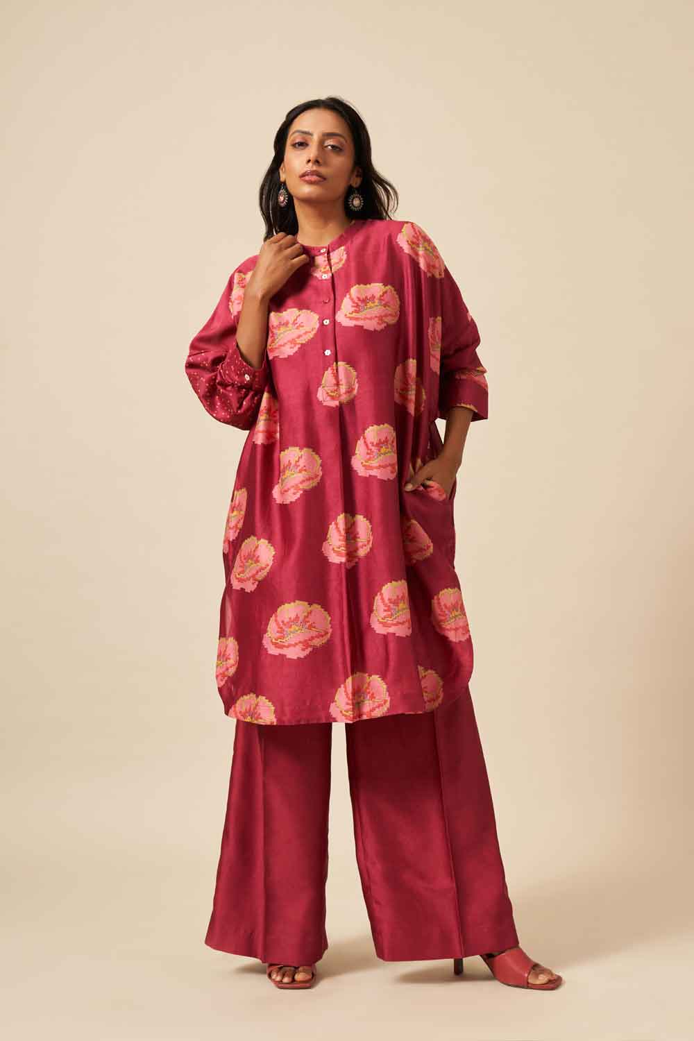Megha Wine chanderi hand blockprinted Co-ord set