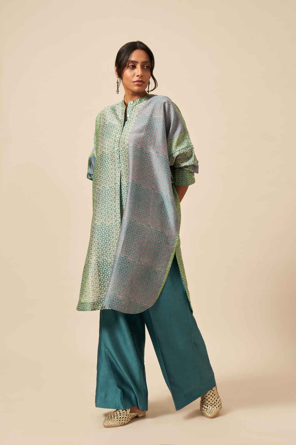 Garima Teal chanderi hand blockprinted Co-ord set