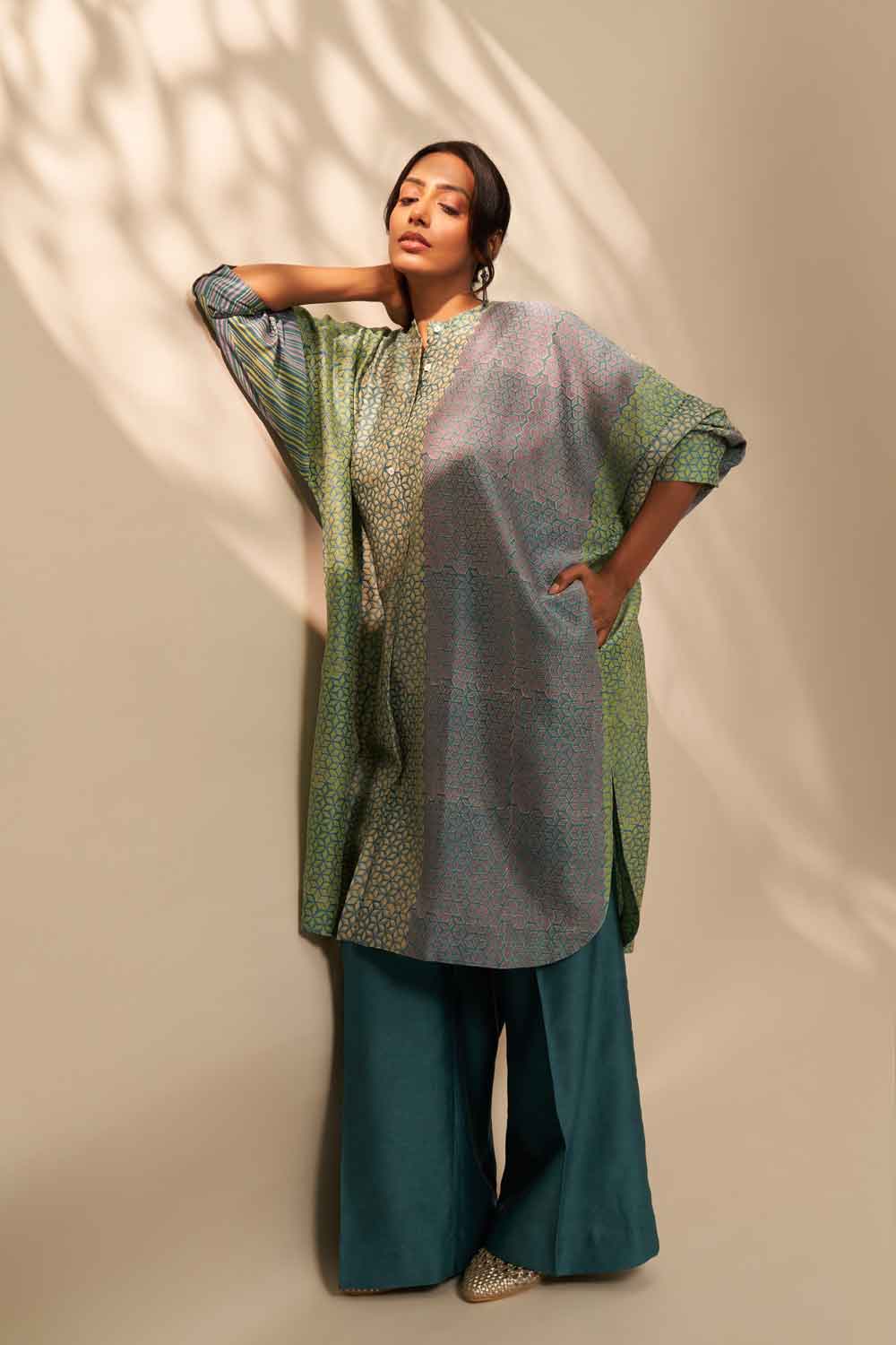 Garima Teal chanderi hand blockprinted Co-ord set