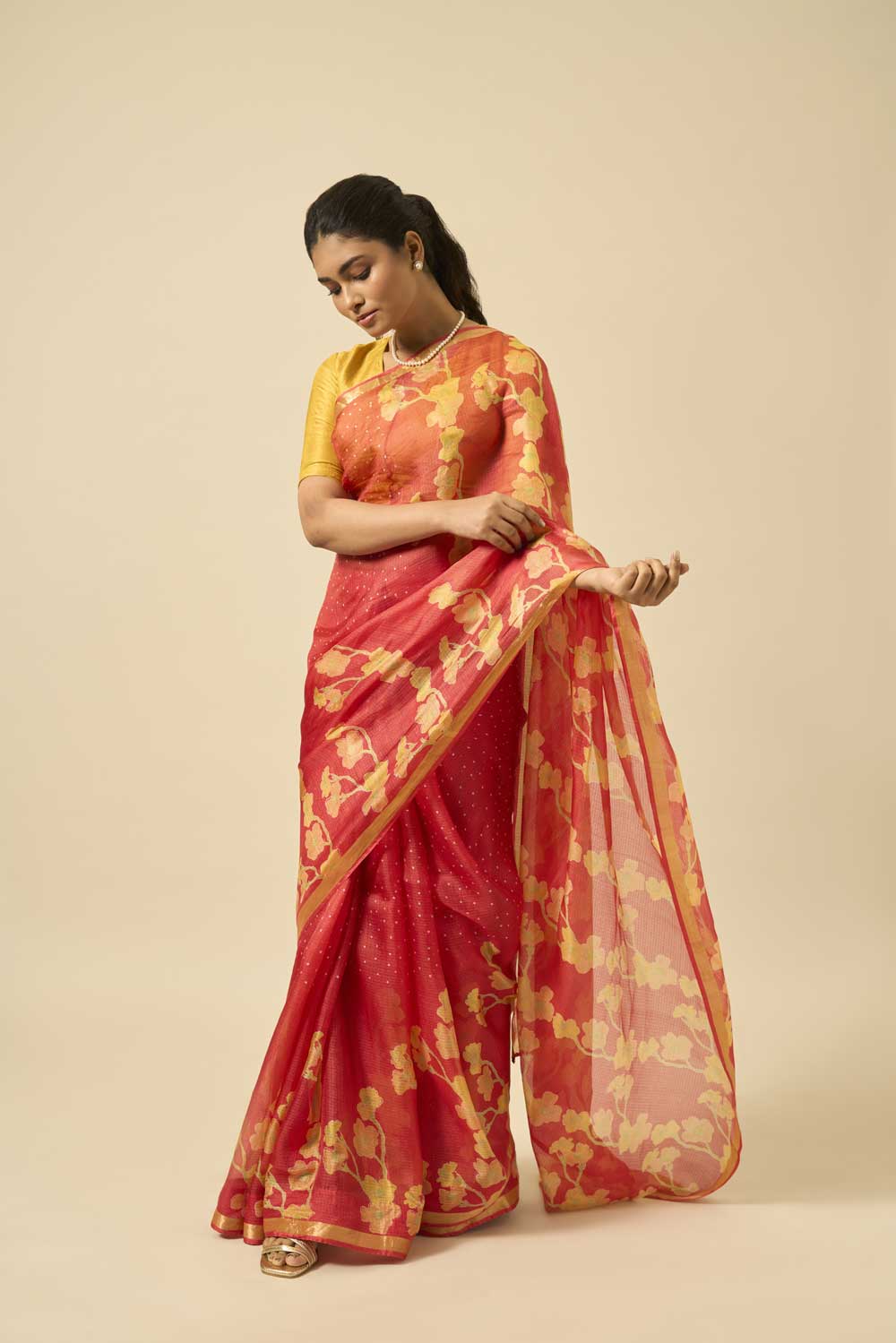 Bela red kota silk hand block printed saree