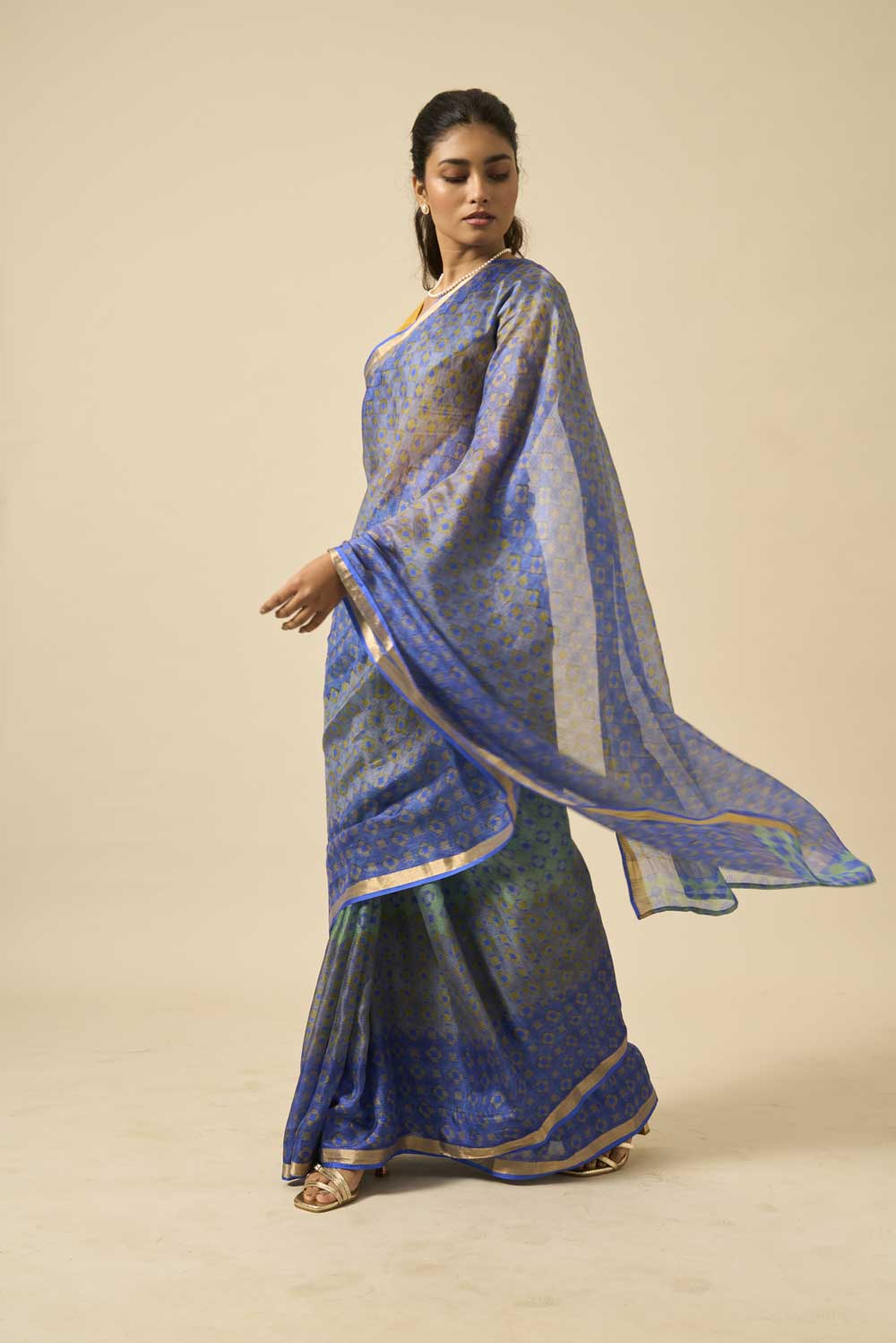 Rajnigandha Blue kota silk hand block printed saree