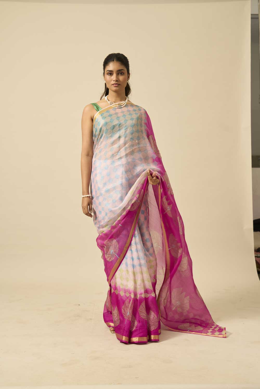 lotus Pink kota silk hand block printed saree