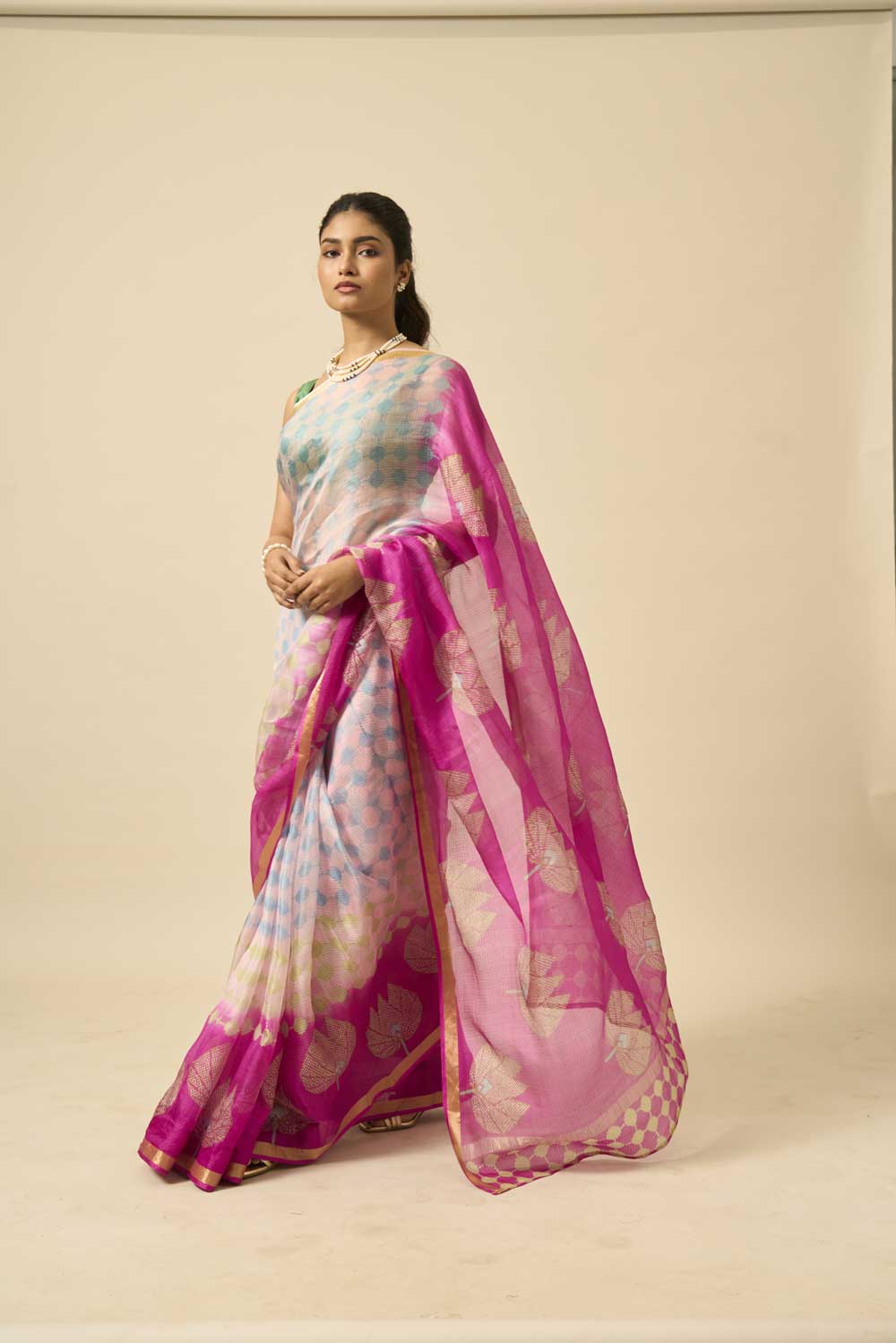 lotus Pink kota silk hand block printed saree