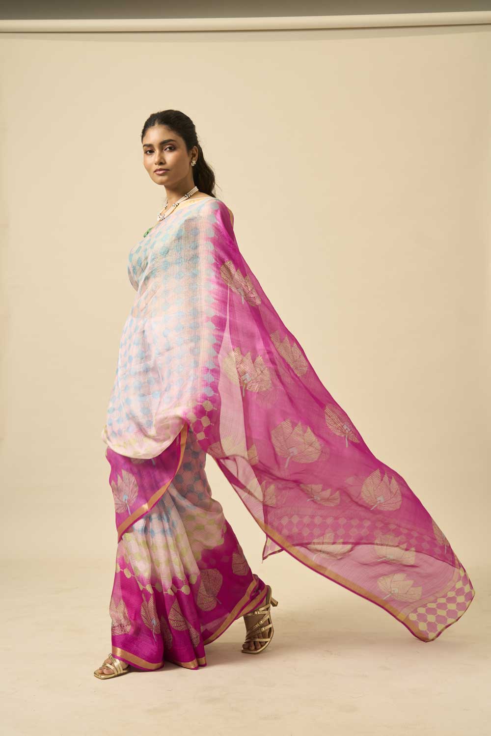 lotus Pink kota silk hand block printed saree