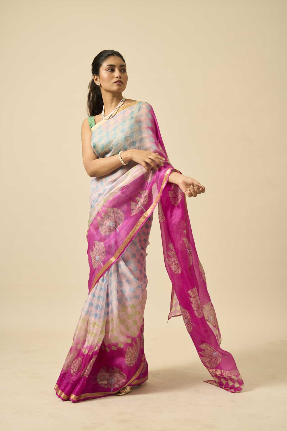lotus Pink kota silk hand block printed saree