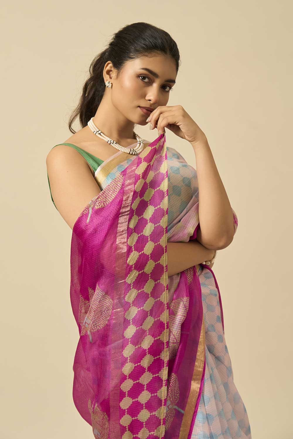 lotus Pink kota silk hand block printed saree