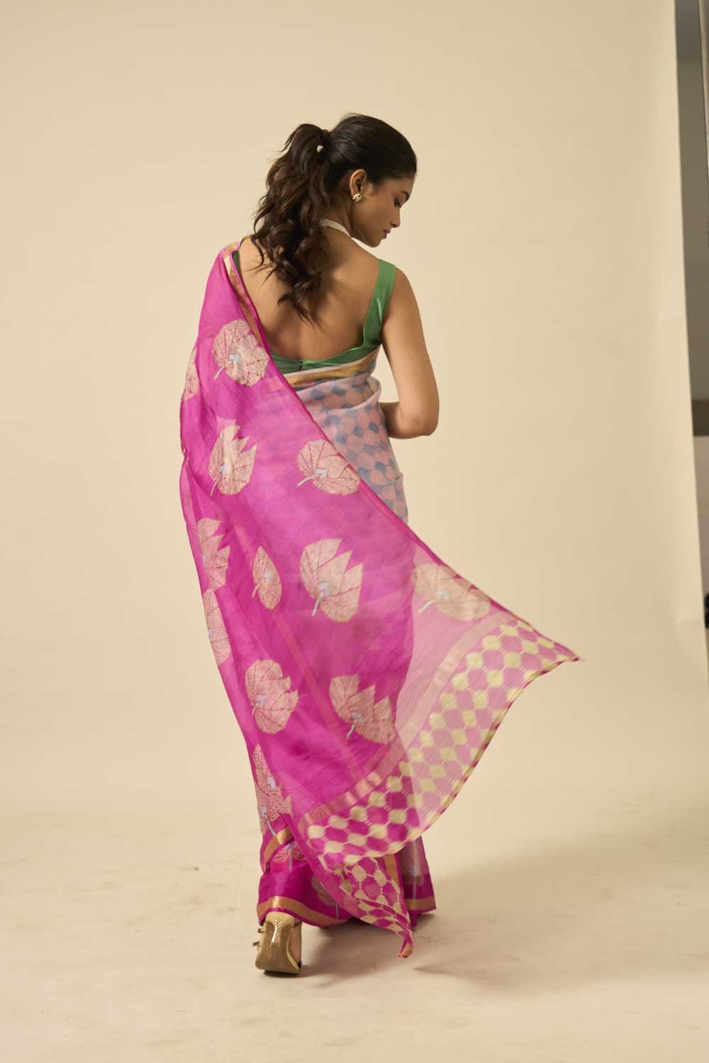 lotus Pink kota silk hand block printed saree