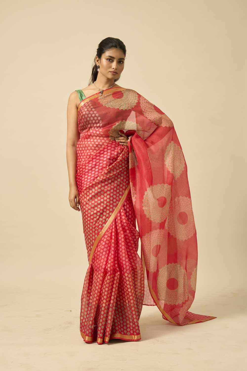Sooraj red kota silk hand block printed saree
