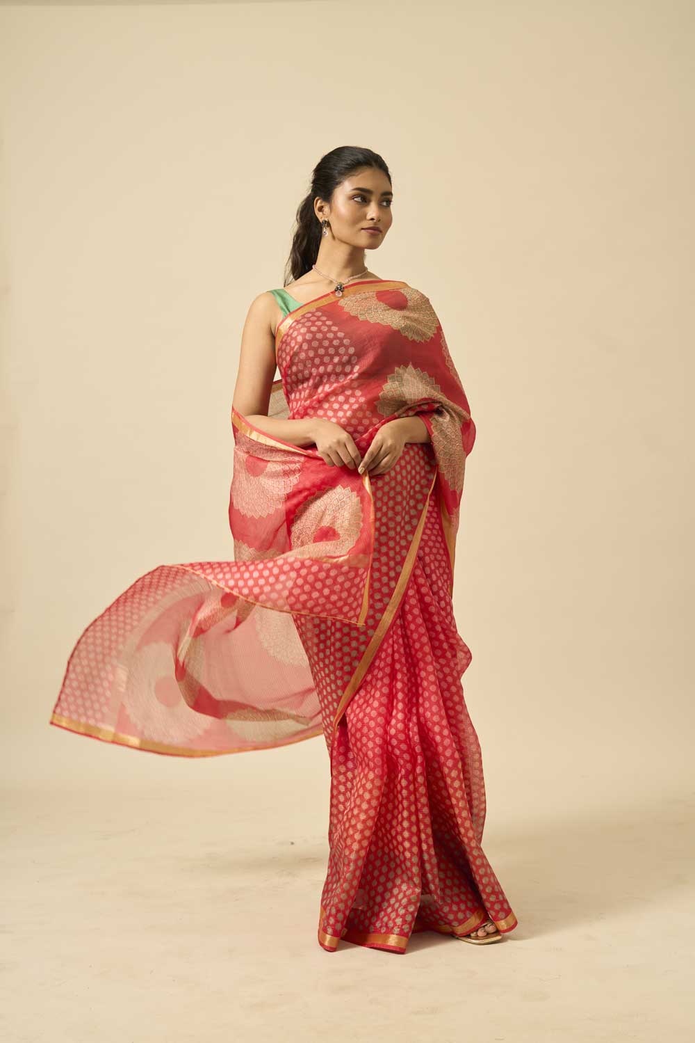 Sooraj red kota silk hand block printed saree