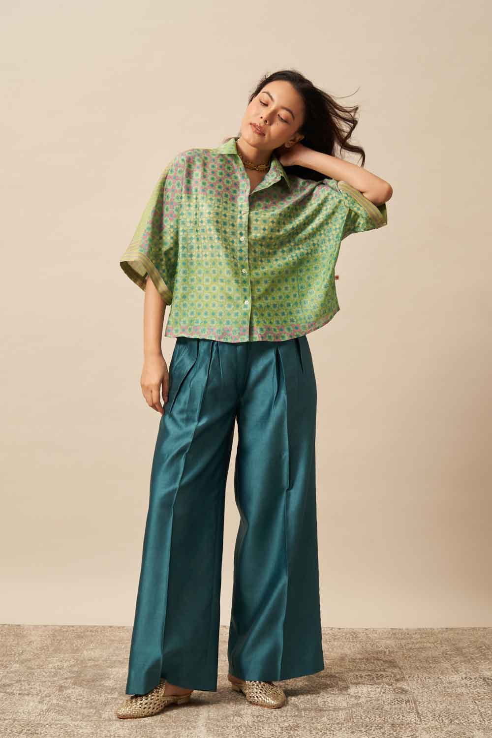 Aroha Teal chanderi hand blockprinted Shirt
