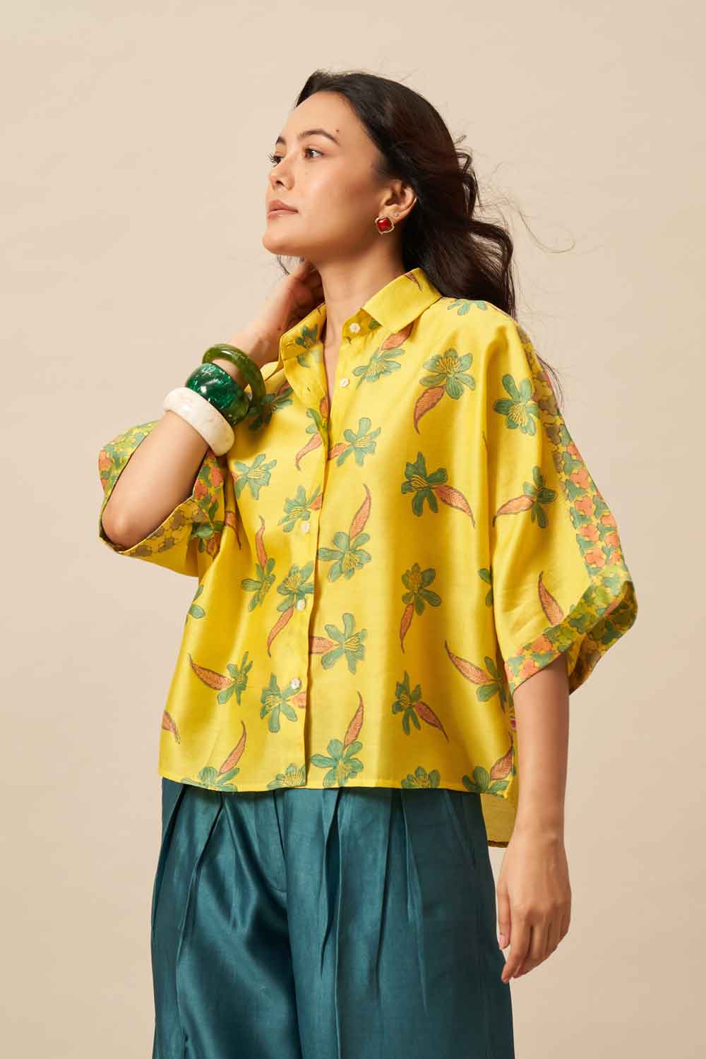 Bela Yellow chanderi hand blockprinted Shirt