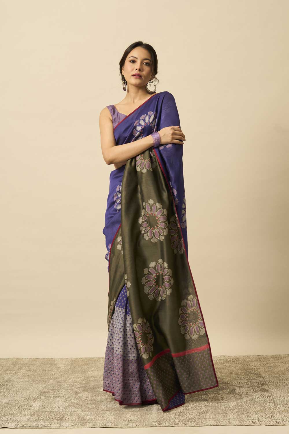 Krishna Blue Grey Maheshwari Hand Blockprinted Flip Pallu saree