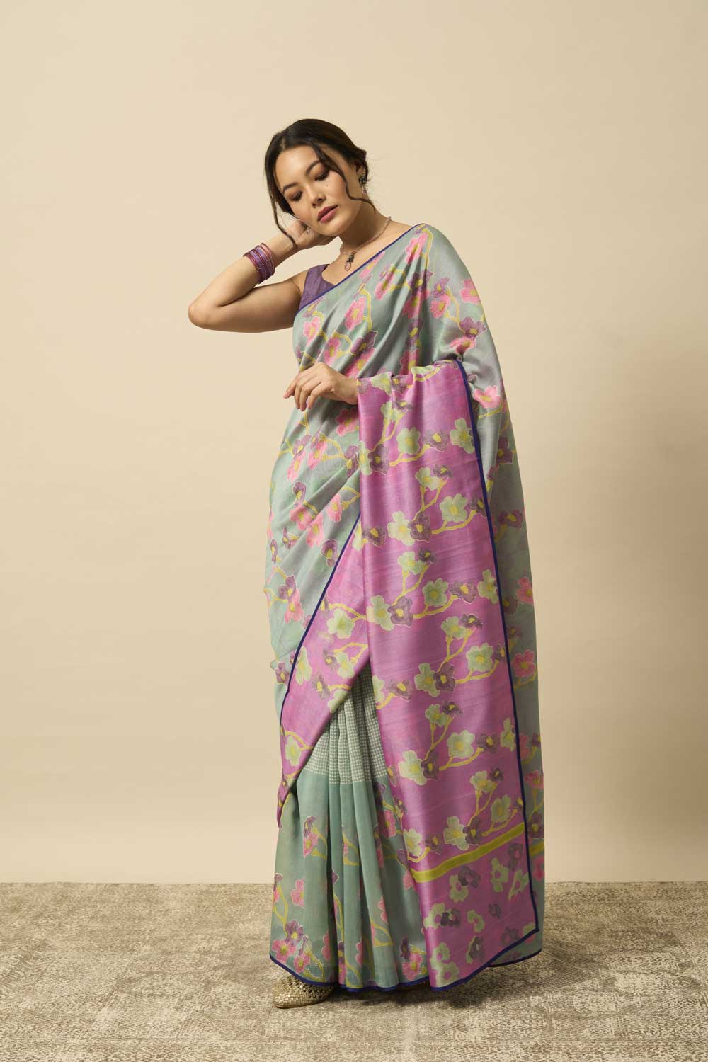 beas teal pink Maheshwari Hand Blockprinted Flip Pallu saree