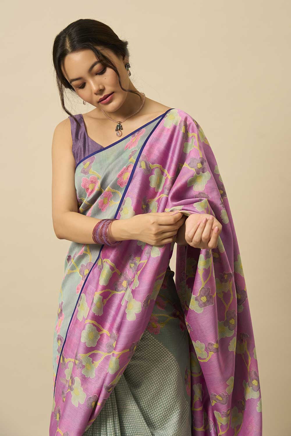 beas teal pink Maheshwari Hand Blockprinted Flip Pallu saree