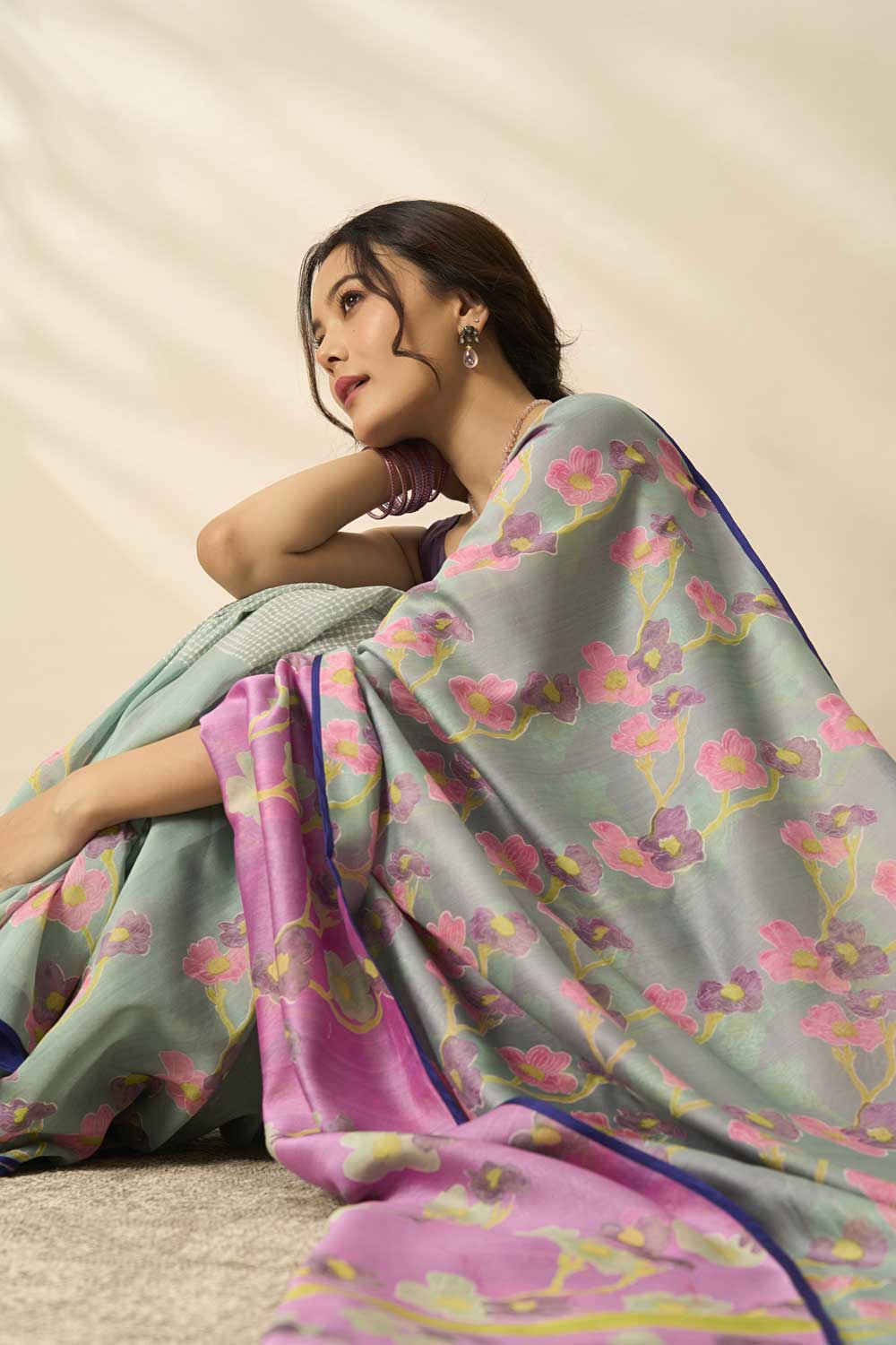 beas teal pink Maheshwari Hand Blockprinted Flip Pallu saree
