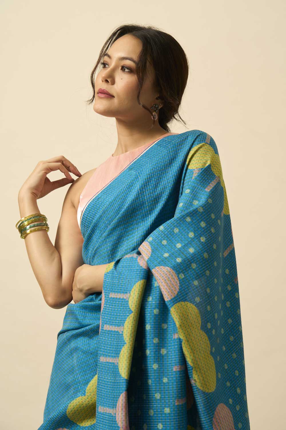gulmohar turq Kanchi Silk Hand Blockprinted Saree