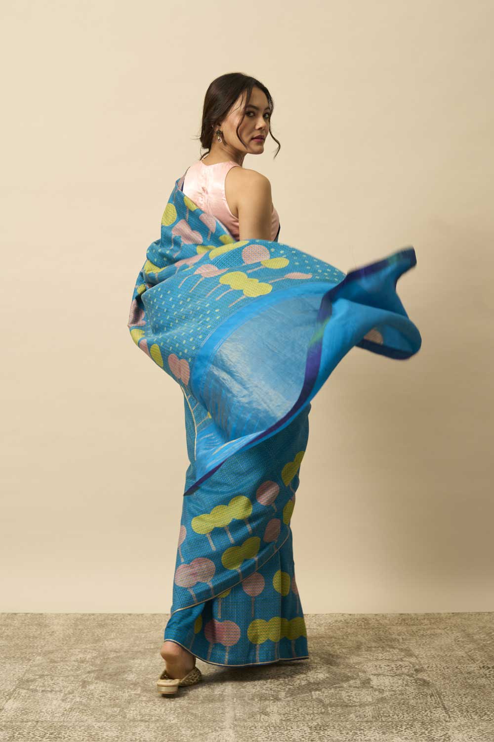 gulmohar turq Kanchi Silk Hand Blockprinted Saree