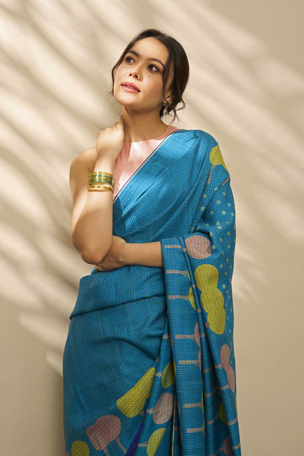 gulmohar turq Kanchi Silk Hand Blockprinted Saree
