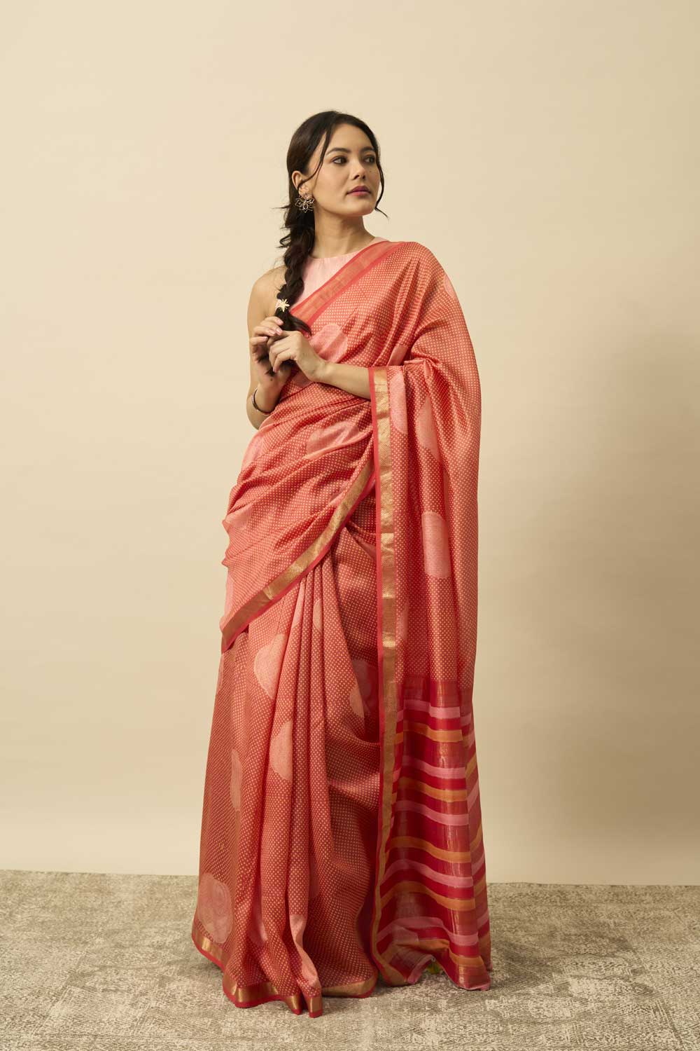 Gulab Red Maheshwari Silk Hand Block Printed Saree