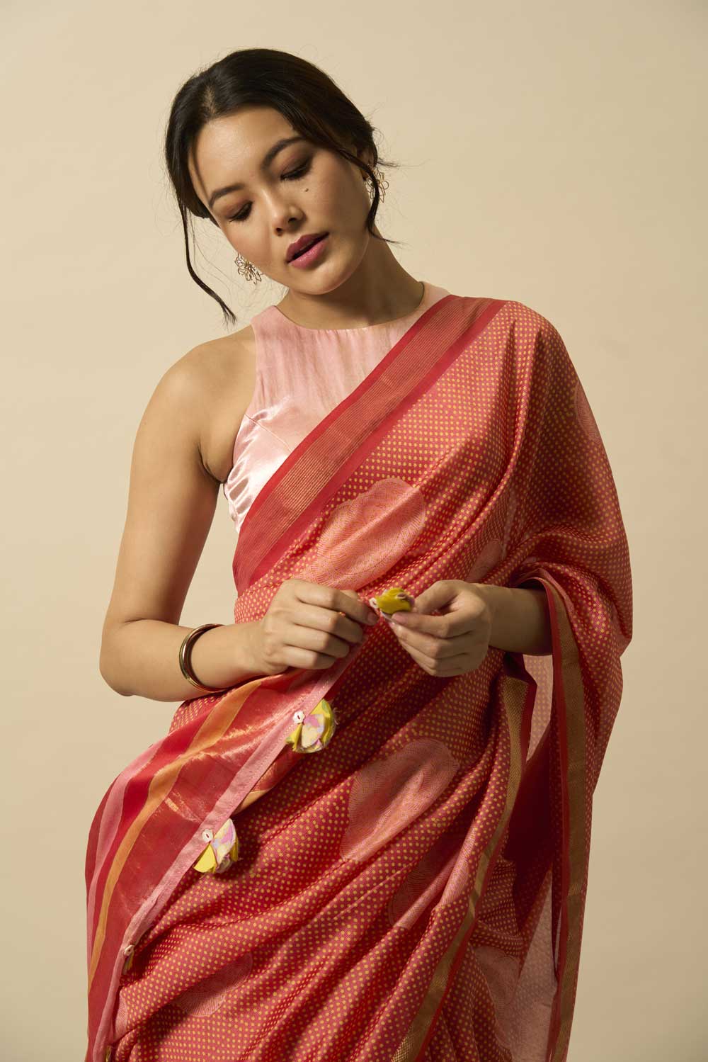 Gulab Red Maheshwari Silk Hand Block Printed Saree