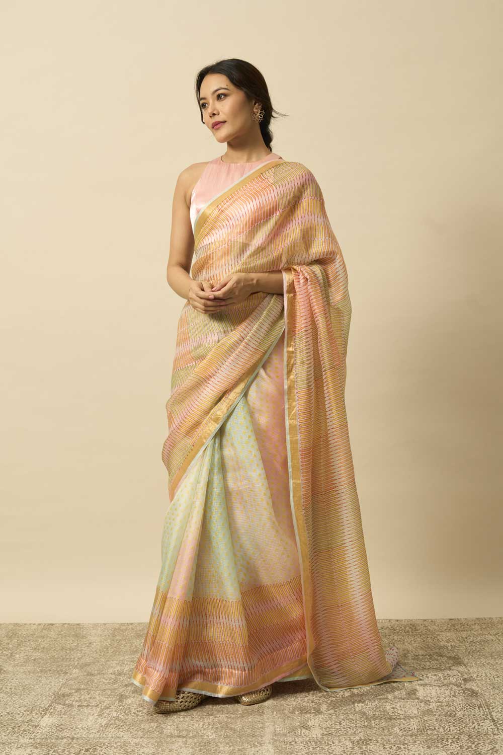 pencil leheriya kota silk hand block printed saree