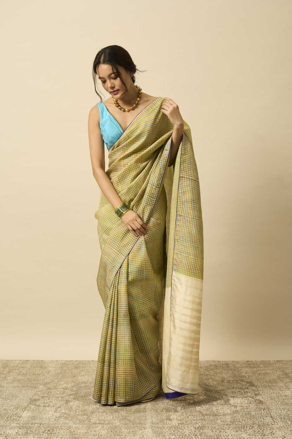 Tulsi White Kanchi Silk Hand Blockprinted Saree
