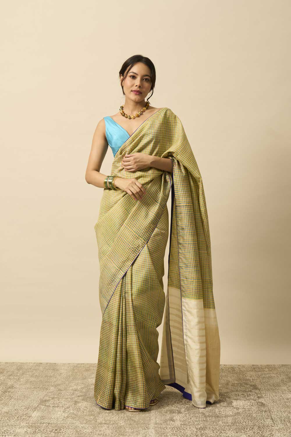 Tulsi White Kanchi Silk Hand Blockprinted Saree