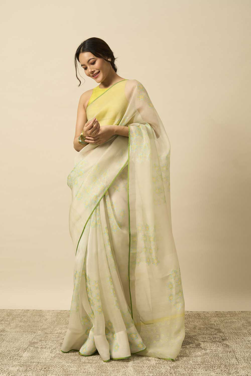 NAZUK WHITE KATAAN SILK HAND BLOCKPRINTED SAREE