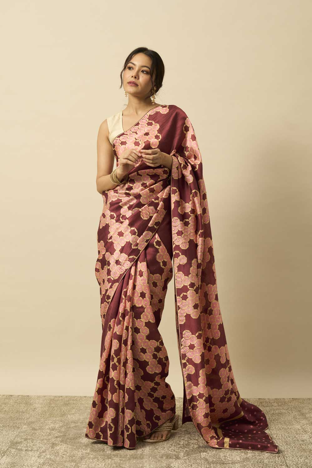 MADHAVI BROWN GREEN ROSE MUSHROO SILK HAND BLOCKPRINTED SAREE