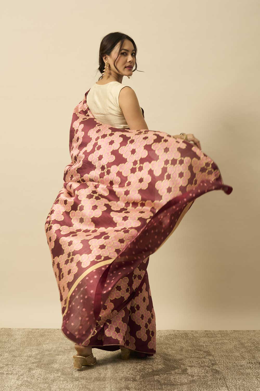 MADHAVI BROWN GREEN ROSE MUSHROO SILK HAND BLOCKPRINTED SAREE