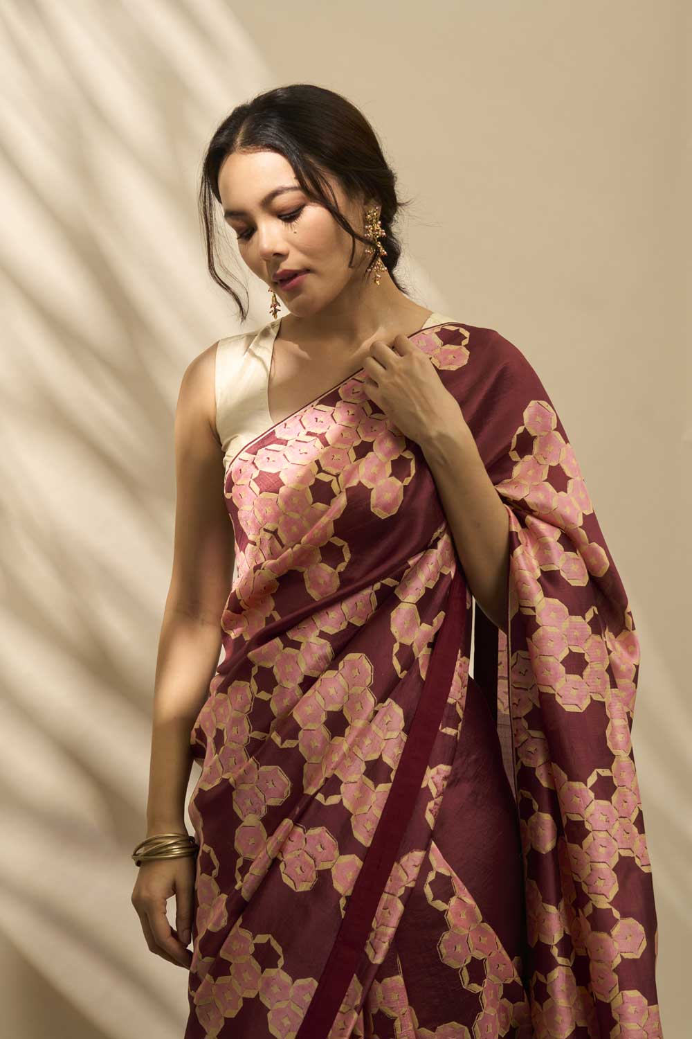 MADHAVI BROWN GREEN ROSE MUSHROO SILK HAND BLOCKPRINTED SAREE
